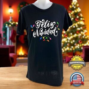 Feliz Navidad Holiday T-Shirt Top WOMEN'S MEDIUM Christmas Lights Spanish Black